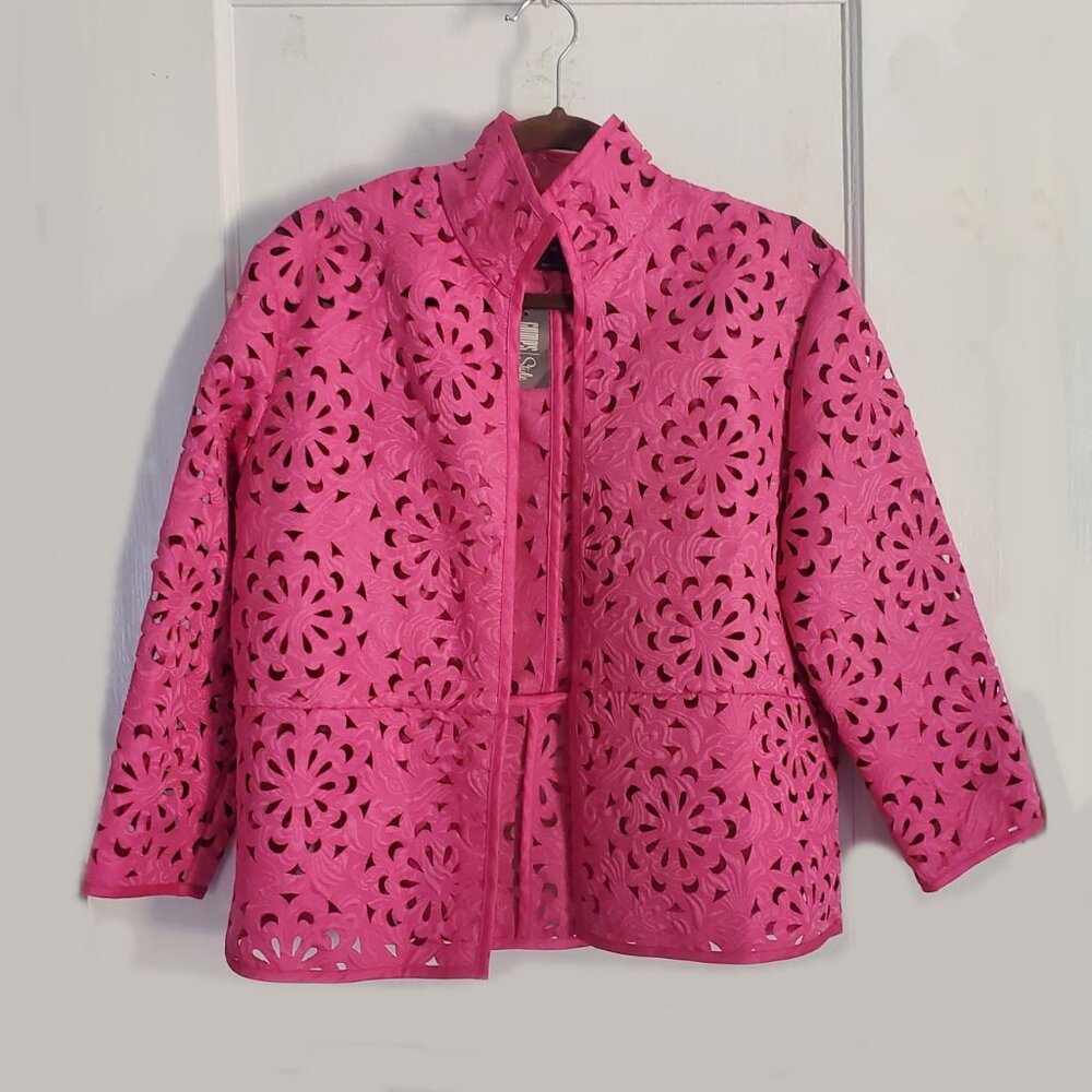 Women's GUMPS San Francisco Pink Laser Cut Out Floral Dress Jacket Sz M NWT